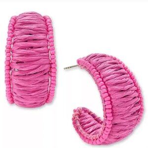 On 34th Raffia Earrings Silver Tone Medium Color Seed Bead & Raffia C-Hoop NWT